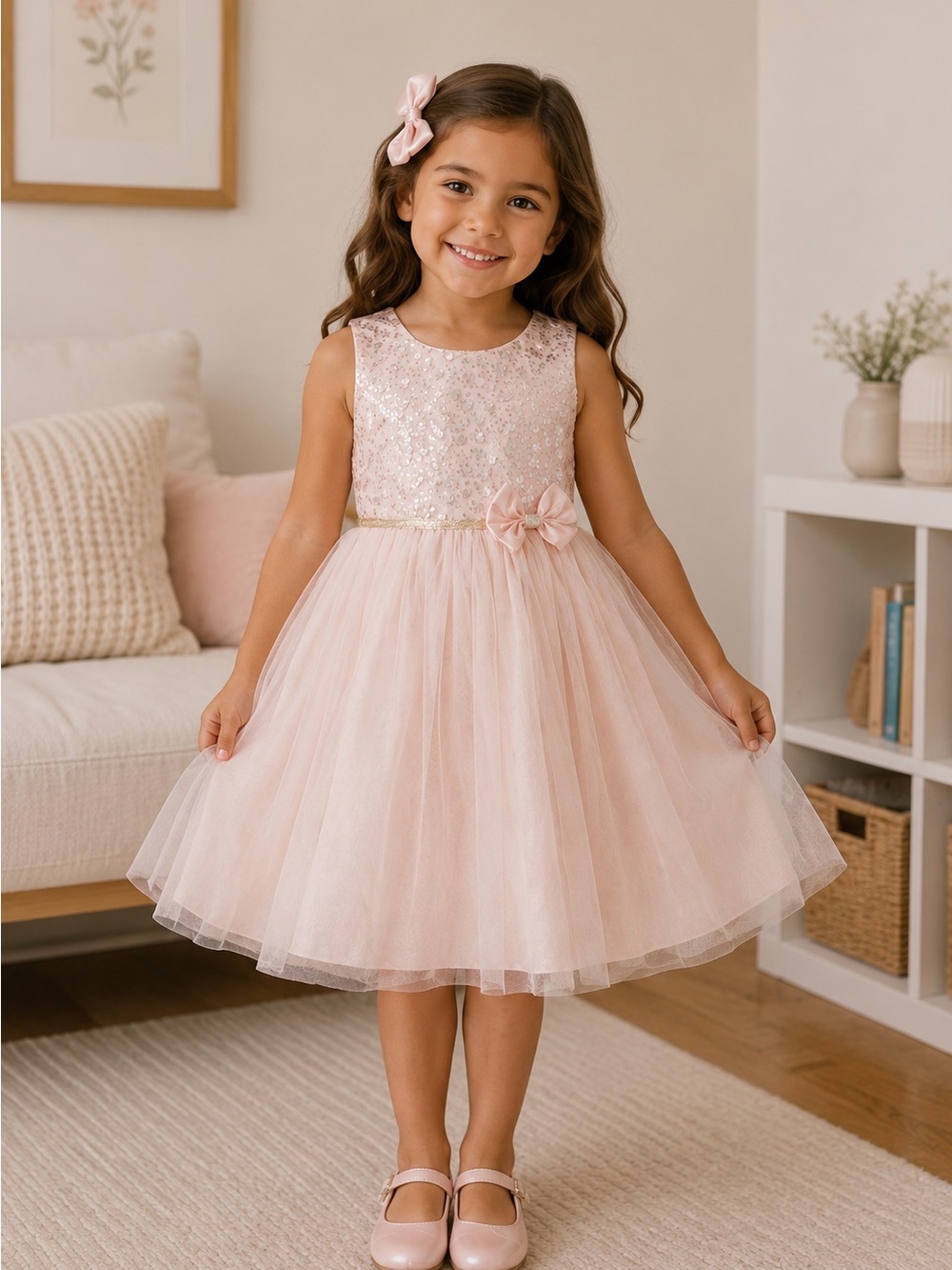 Jona Michelle Pink and Gold Floral Sequin Tulle Dress